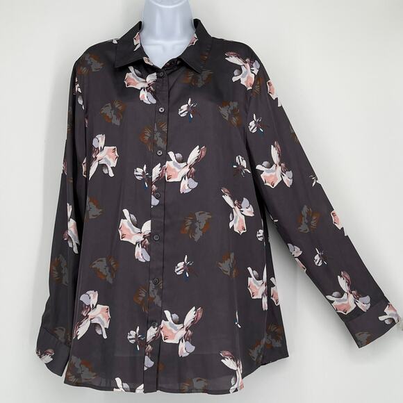 Banana Republic Satin Floral Blouse in Gray and Pink Size XL - Picture 1 of 9